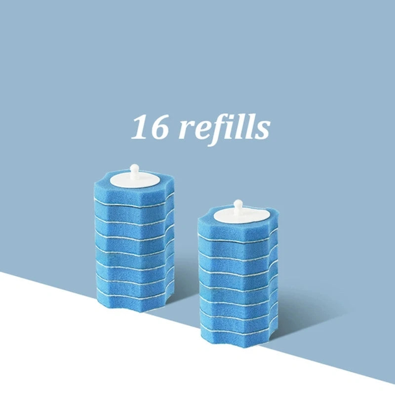 A set of 16 blue disposable toilet brush refills stacked in a cylindrical container.
