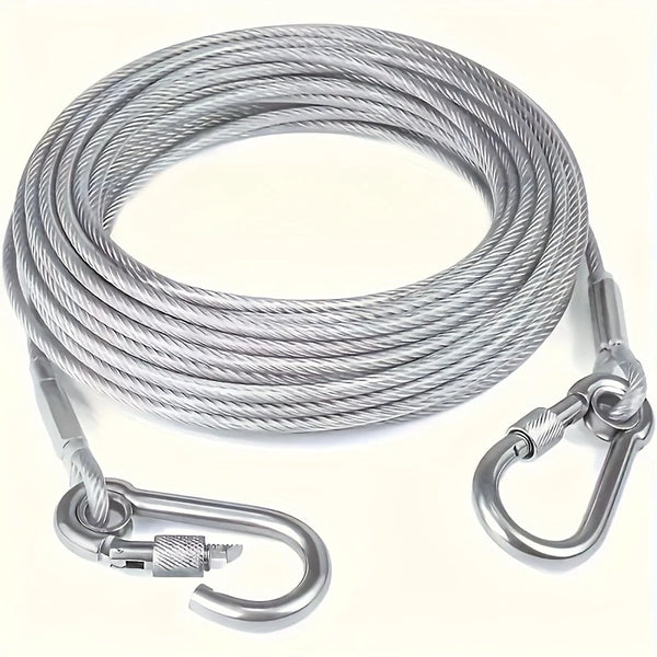 A coil of heavy-duty stainless steel clothesline with metal clasps and hooks.