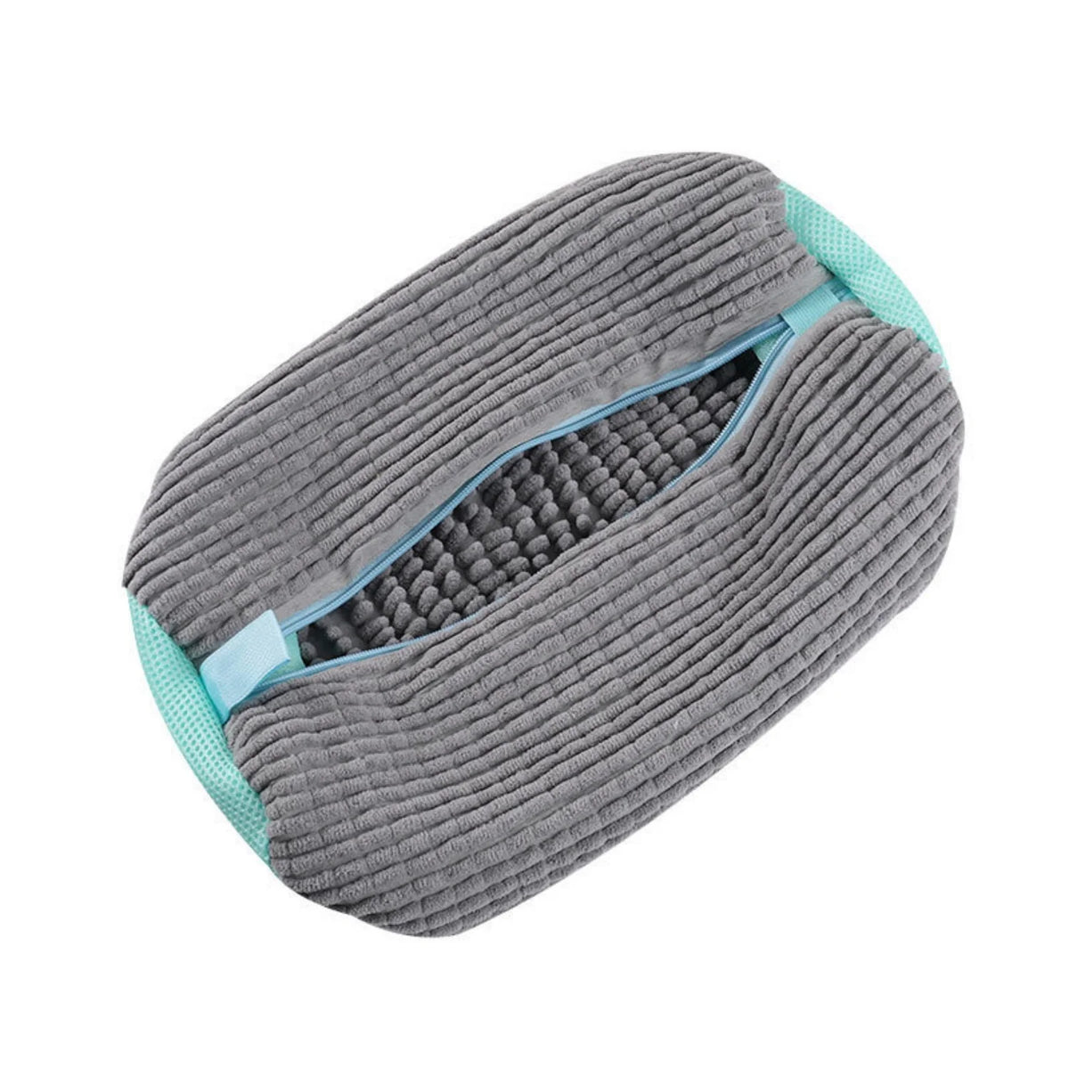 A gray reusable shoe washing bag with a teal trim and soft bristles.