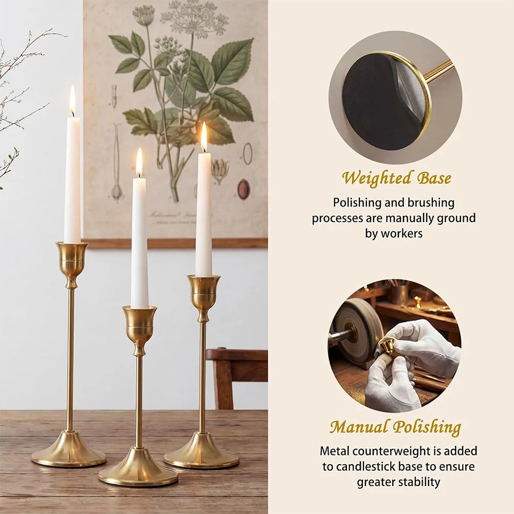 Set of six gold weighted metal taper candlestick holders with polished and brushed finishes