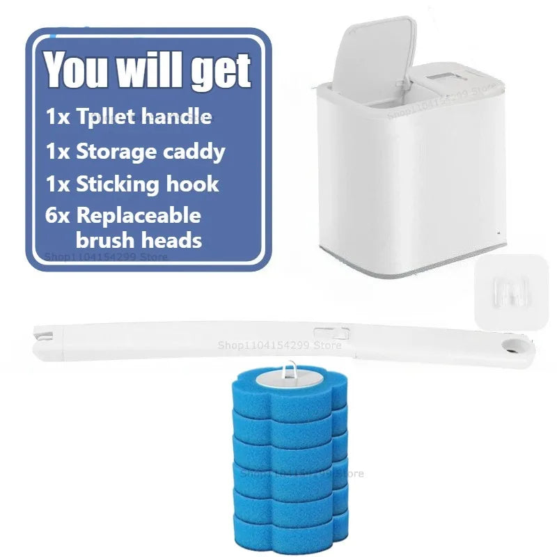 Kit de nettoyage pour cuvette jetable, fixé au mur blanc, avec accessoires et une tête de brosse bleue.