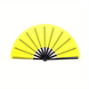 A bright yellow handheld folding fan with black accents, shown open.