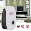 A white ultrasonic pest repeller device is shown next to various pests like a mouse and a spider on a red circular background