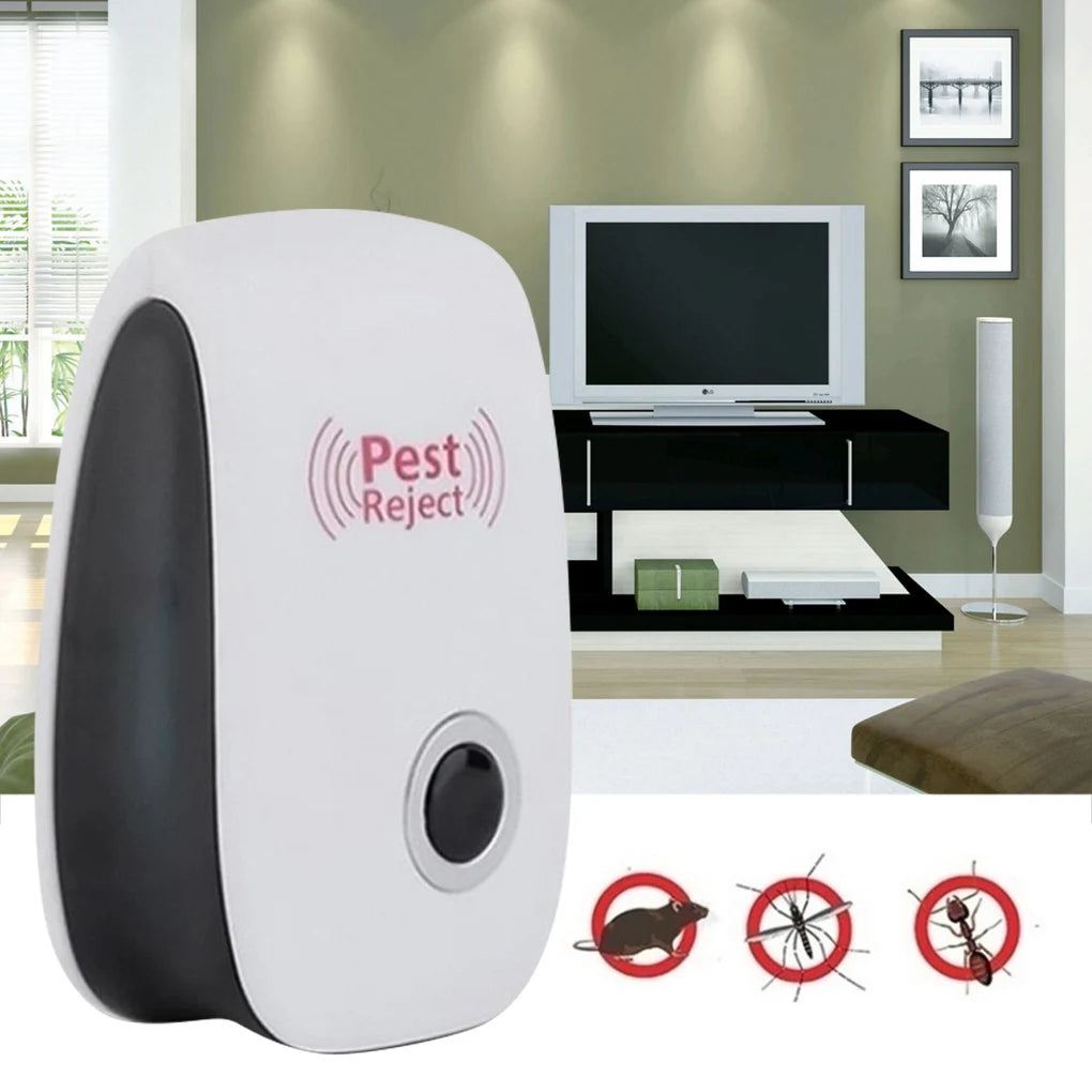 A white ultrasonic pest repeller device is shown next to various pests like a mouse and a spider on a red circular background