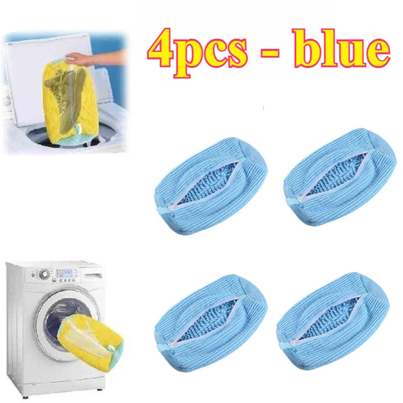 Four blue durable machine washable shoe laundry bags shown with a washing machine.