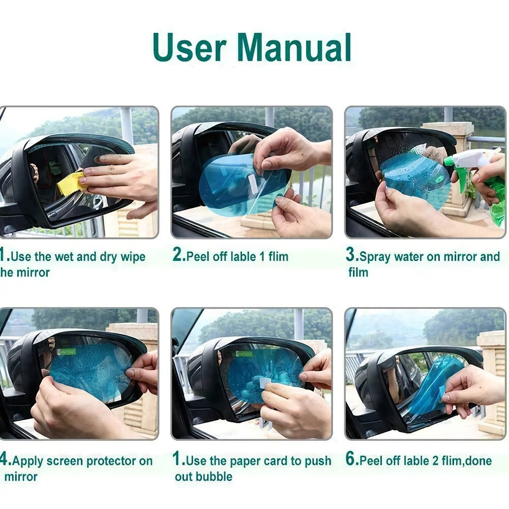 Instructions showing how to apply and peel off anti-fog film from a car mirror.