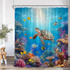 A vibrant tropical sea life shower curtain featuring colorful fish, coral, and marine plants.