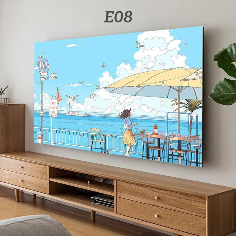 A painting depicting a seaside cafe scene with people enjoying the view under a large umbrella.
