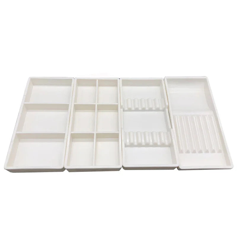 White dental autoclavable cabinet tray organizer with multiple compartments and slots