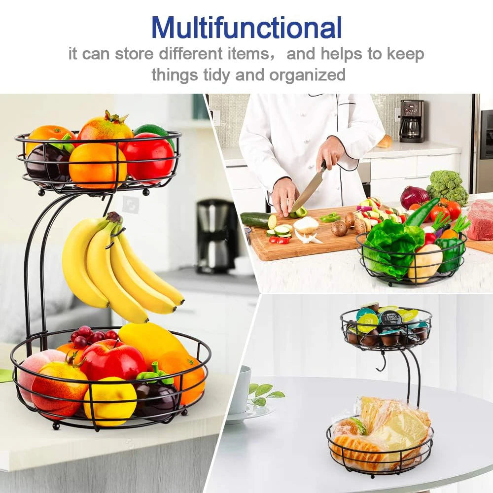 A multi-functional 2-tier metal countertop fruit basket organizer holding various colorful fruits and vegetables.
