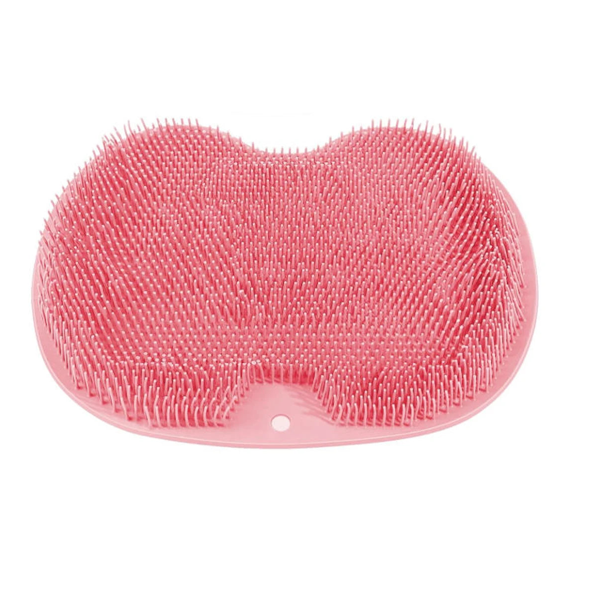 A pink wall mounted shower foot scrubber with numerous silicone bristles.