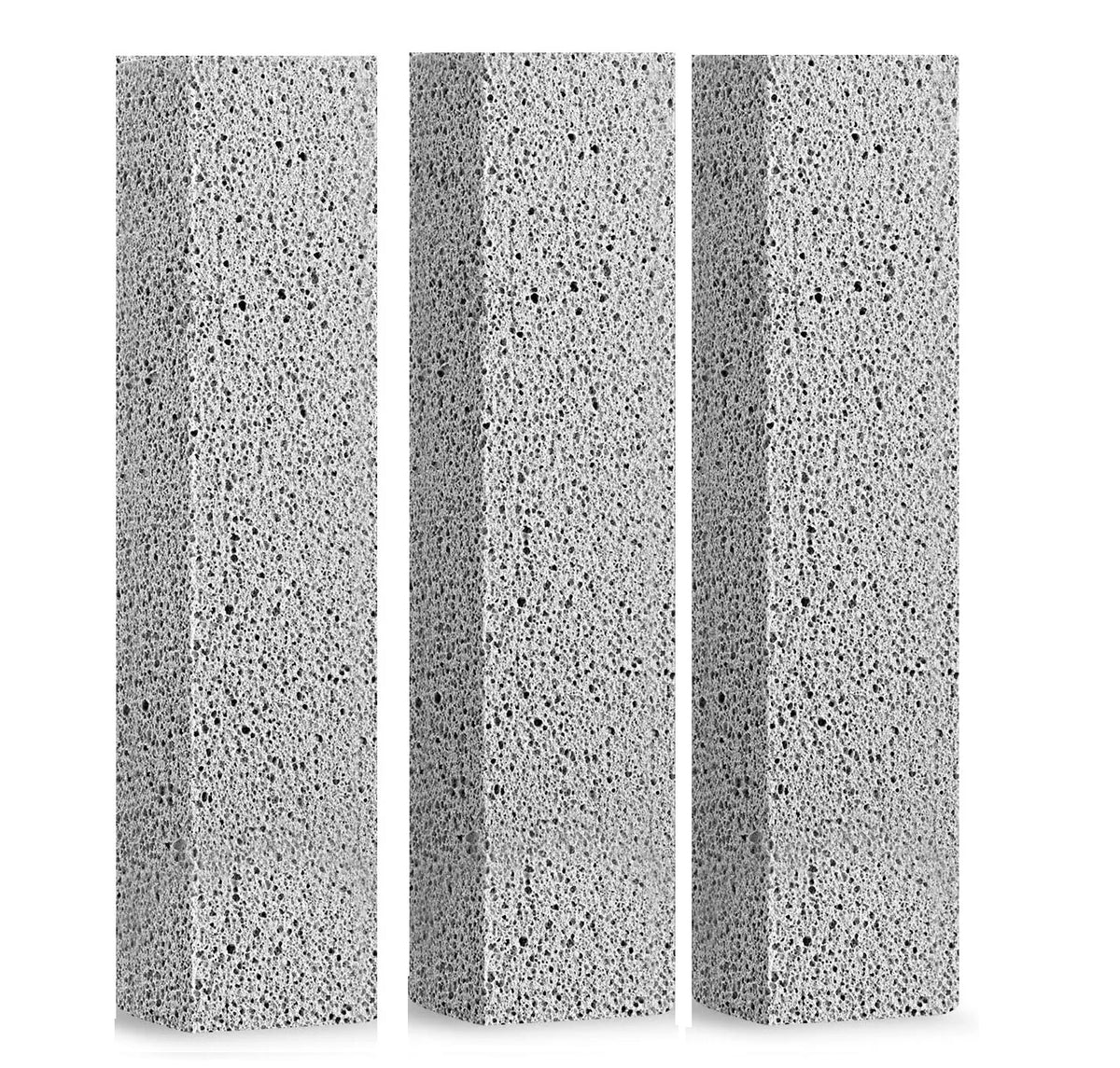Three vertical bars of natural pumice stone cleaning sticks with a speckled gray texture.