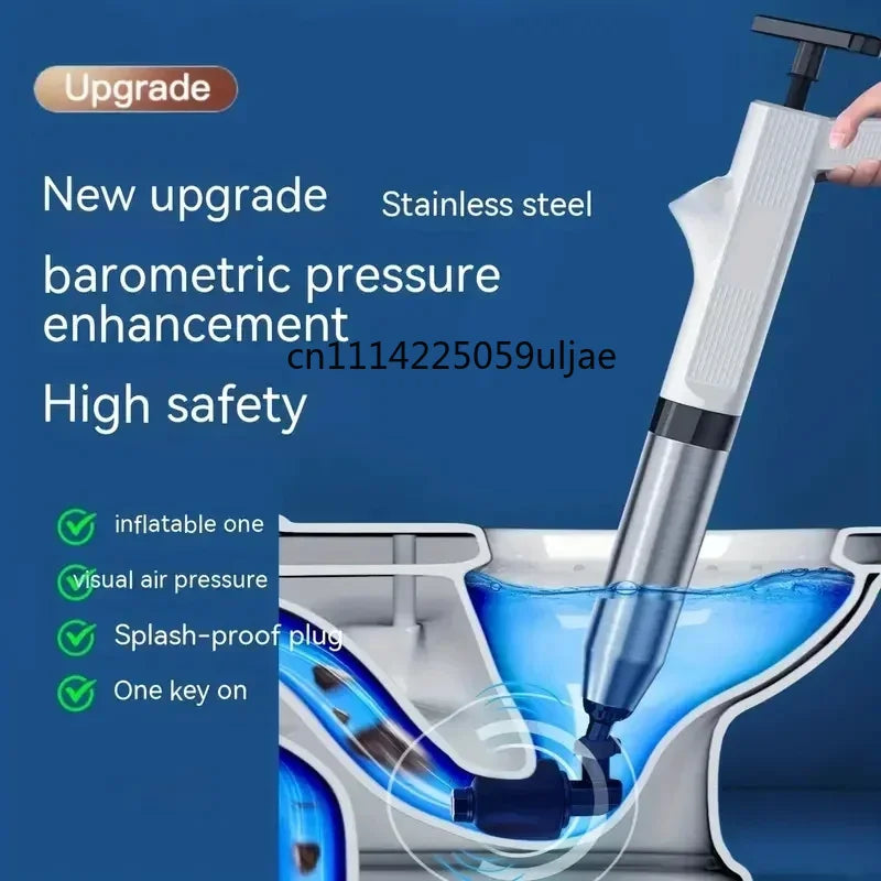 A white and silver heavy-duty plunger with a silicone tip is shown being used in a toilet bowl.