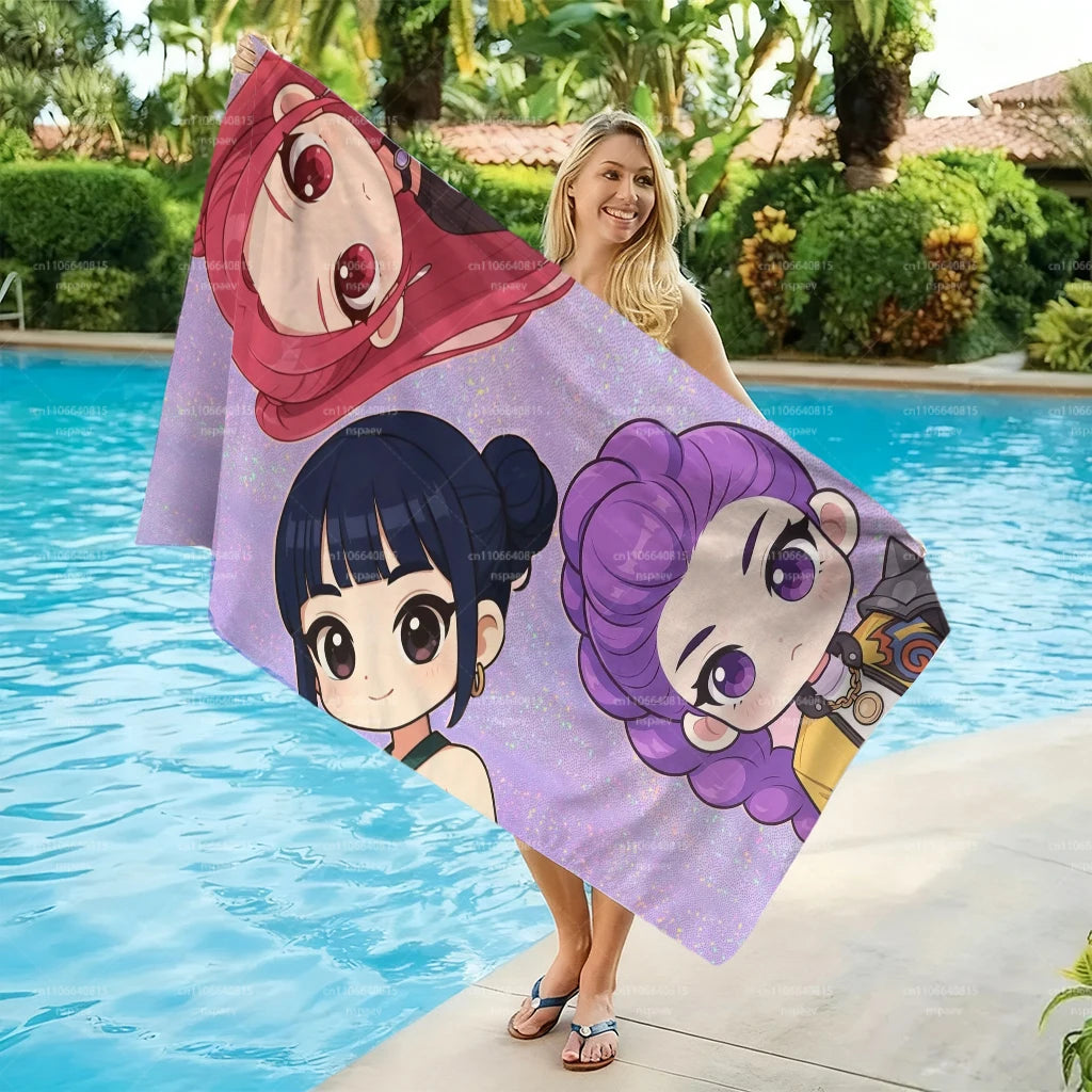 A woman holds a glitter purple chibi anime beach towel featuring characters from various anime series by a swimming pool.