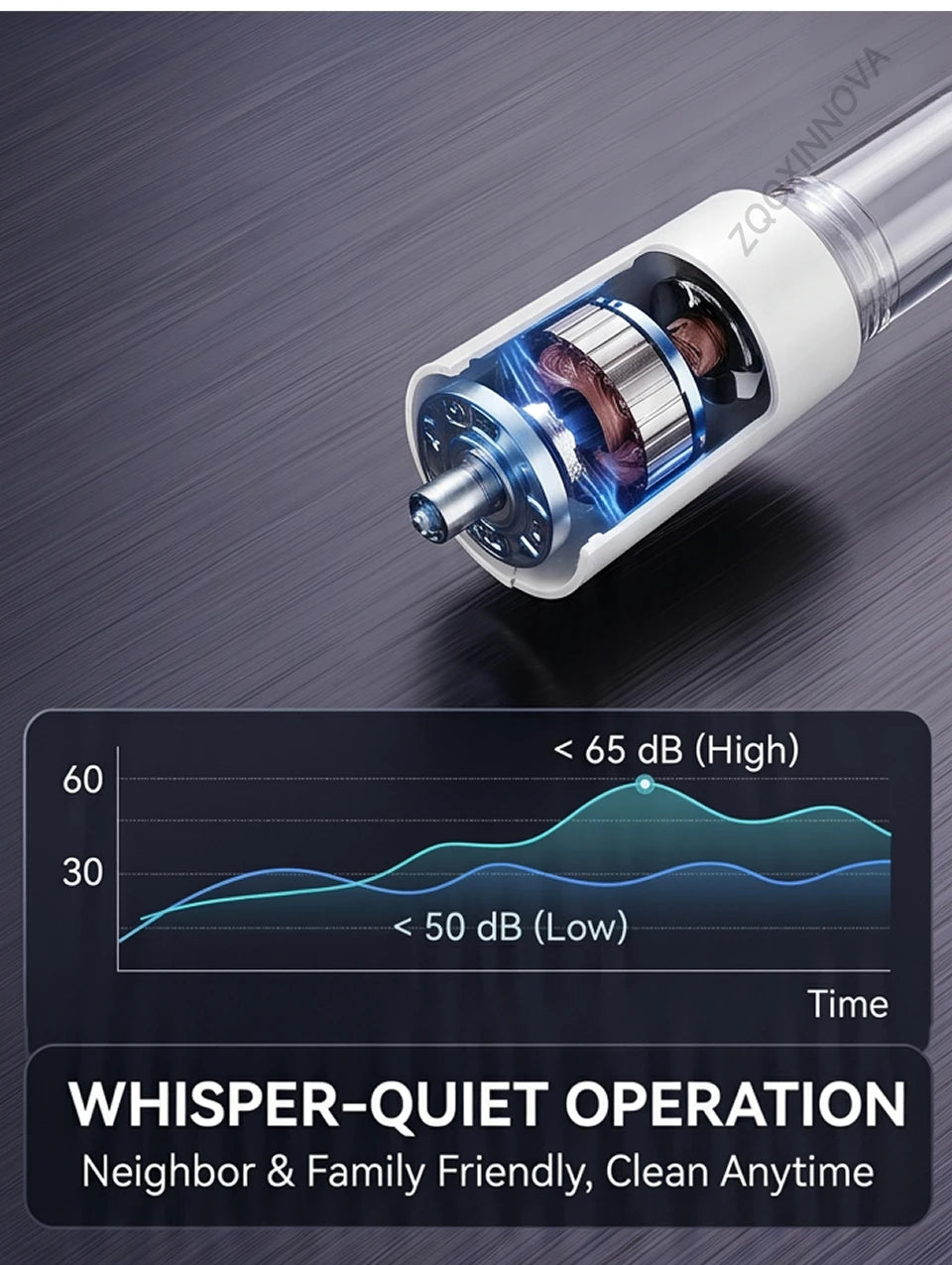 Close-up of a white electric spin scrubber with a clear housing showing internal components and a sound level graph.