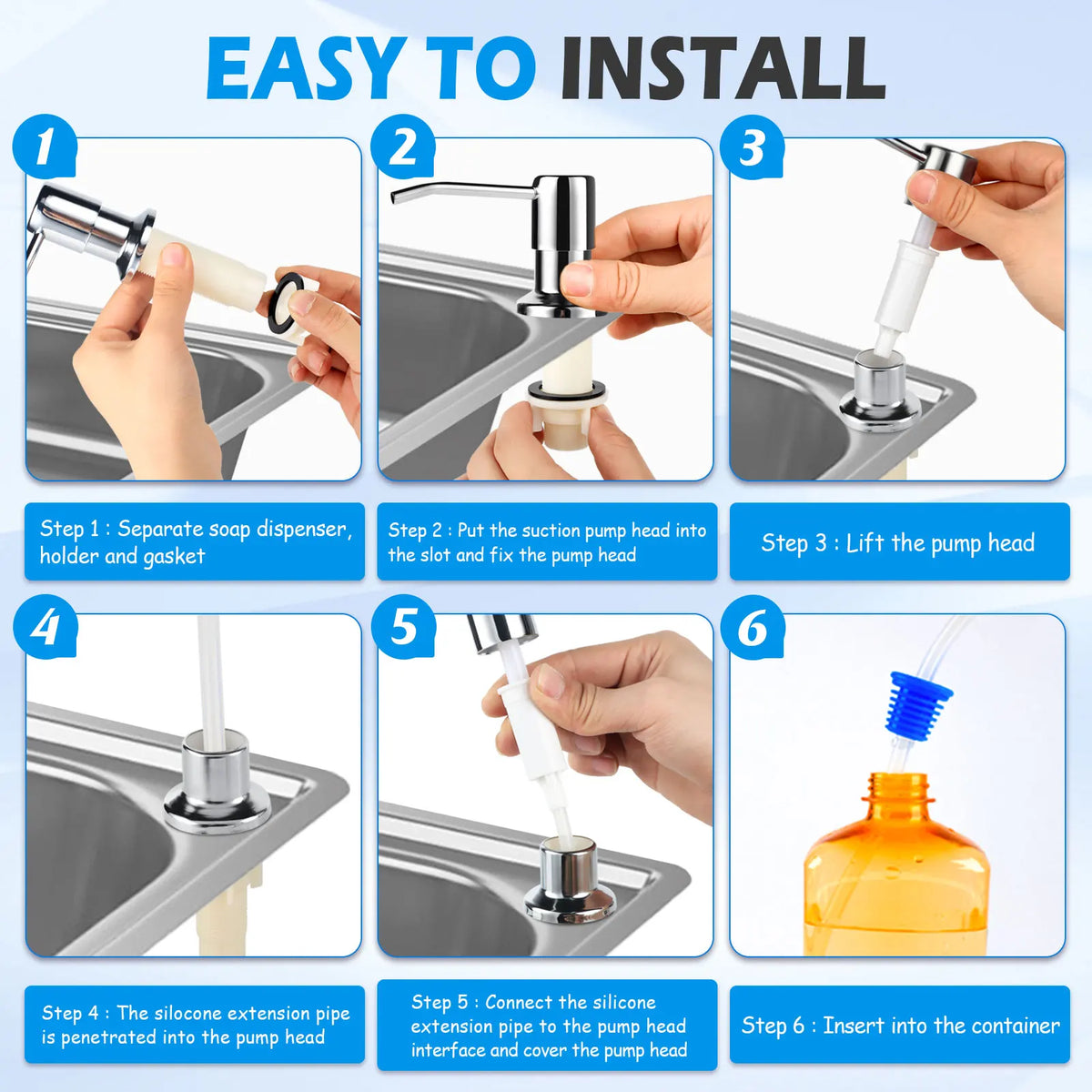 Instructions for easily installing a silicone extension pipe onto a liquid soap dispenser pump head.