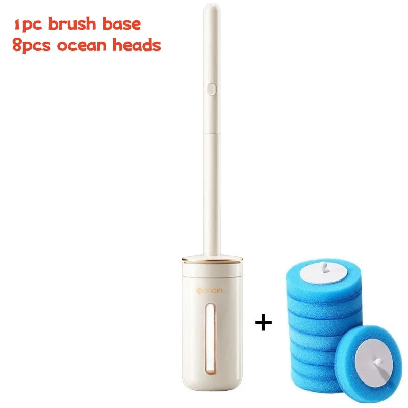 A white disposable toilet brush set featuring one brush base and eight ocean-shaped heads.