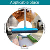 Telescopic rubber broom shown in use on a wooden floor, bathroom tile, living room, and outdoor area.