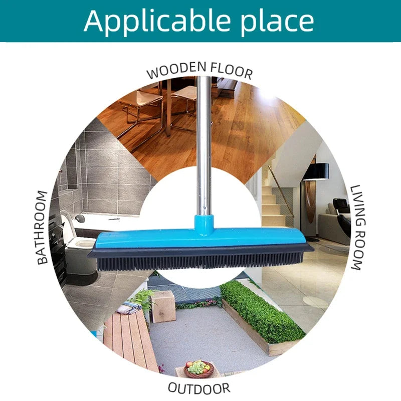 Telescopic rubber broom shown in use on a wooden floor, bathroom tile, living room, and outdoor area.