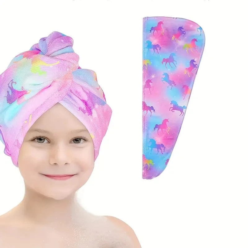A pink and purple microfiber hair drying cap set with a unicorn pattern