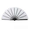 A white handheld folding fan with black ribs, shown open and angled.