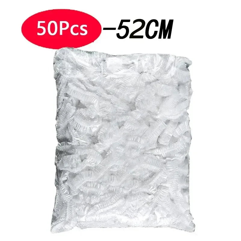 A clear plastic bag filled with 50 pieces of reusable food storage covers, measuring 52cm.