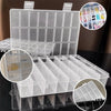 Clear plastic storage box with multiple compartments for organizing jewelry, beads, and small items