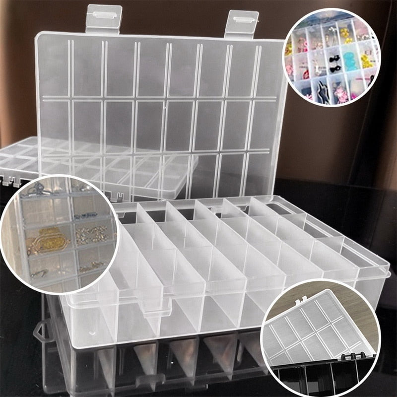 Clear plastic storage box with multiple compartments for organizing jewelry, beads, and small items