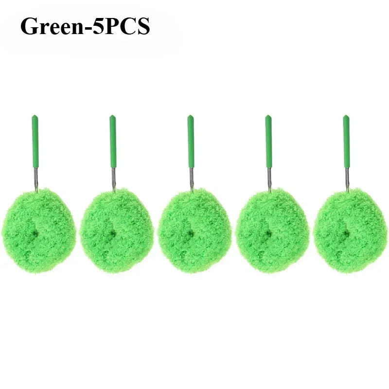 Five green extendable microfiber dusters with thin handles