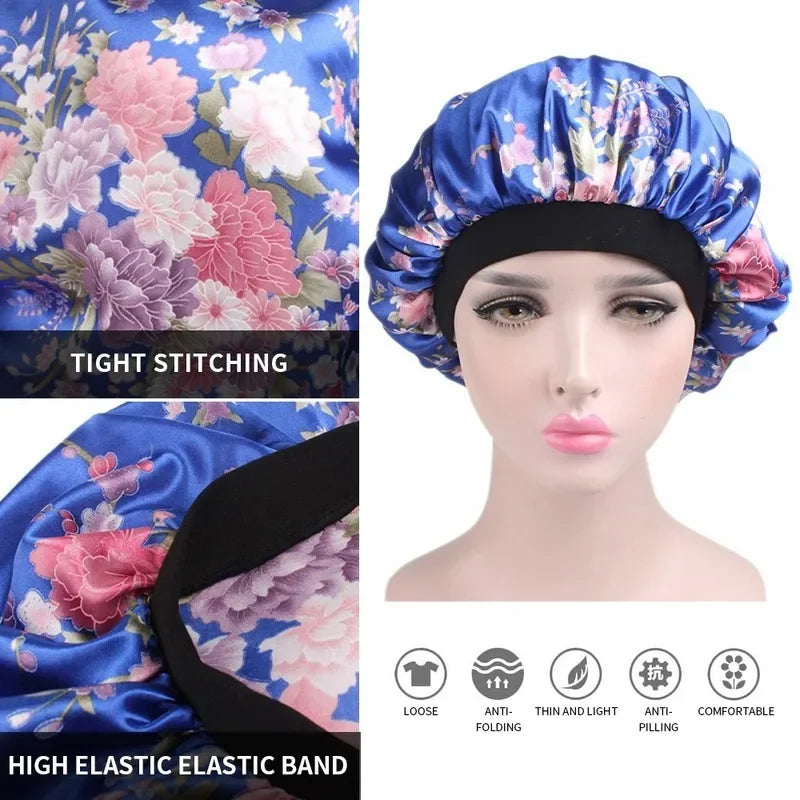 A satin sleep bonnet shown in various views, highlighting tight stitching and an elastic band design.