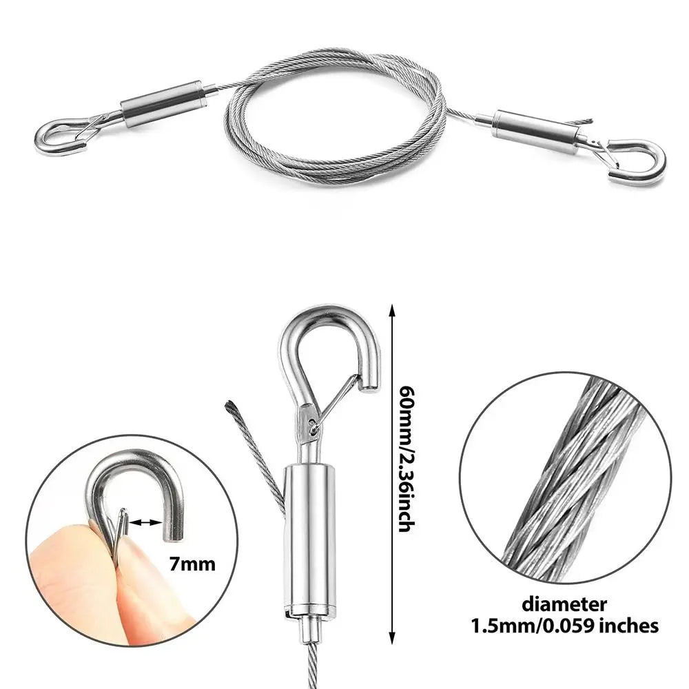 Adjustable stainless steel wire rope hanging kit showing a coiled wire and a hook with a 7mm diameter.