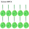 Ten green extendable microfiber dusters with green handles.