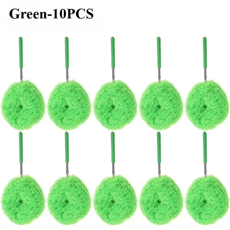 Ten green extendable microfiber dusters with green handles.