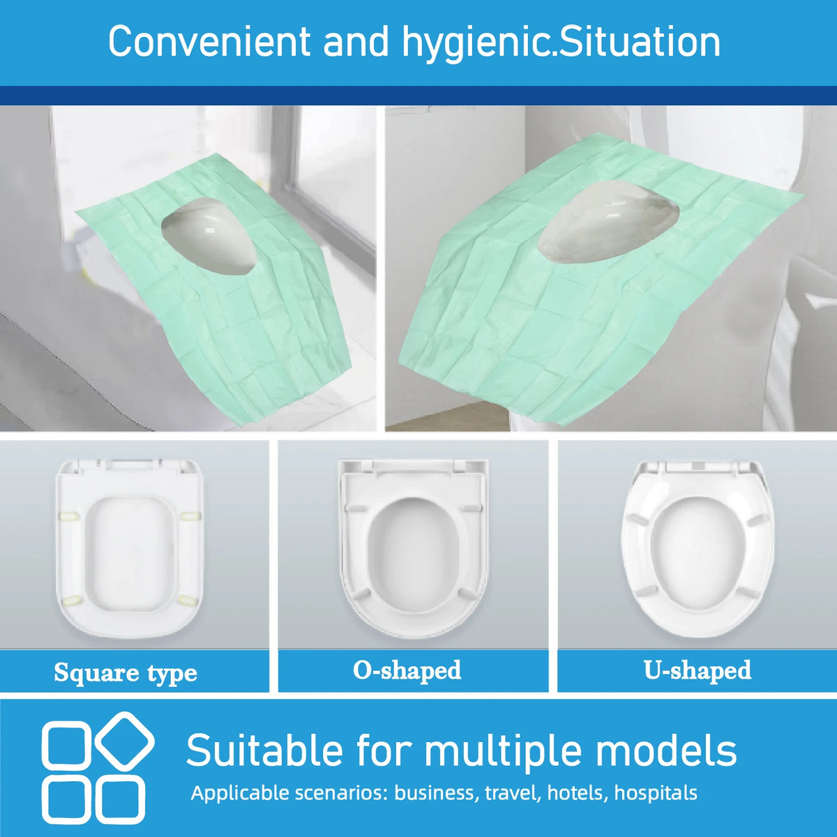 Three types of disposable toilet seat covers: square, O-shaped, and U-shaped, shown in a light green color.