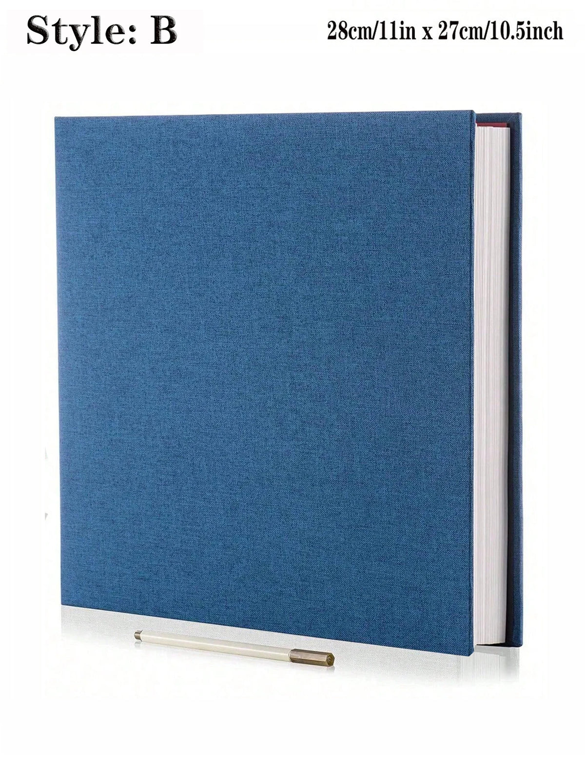 Blalbum-Fotobuch aus blauem Leinen mit weißem Einband, von der Seite gezeigt.