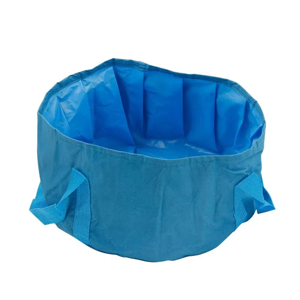 A teal fabric basin with handles, designed as a portable folding foot bath for pool cleaning.