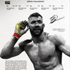 A muscular male fighter with a beard and intense expression wearing a UFC shirt.