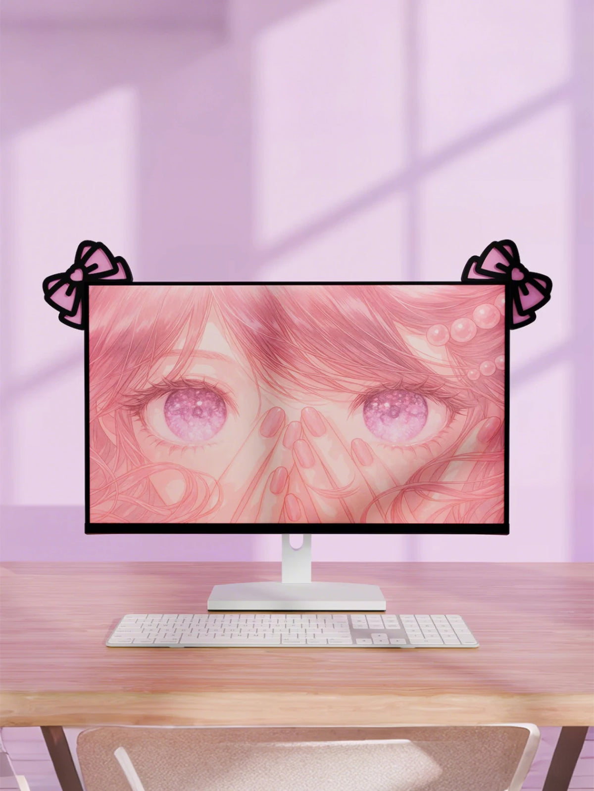 Un écran d'ordinateur affichant un visage de style anime rose avec de grands yeux et des cheveux roses, encadré par des nœuds