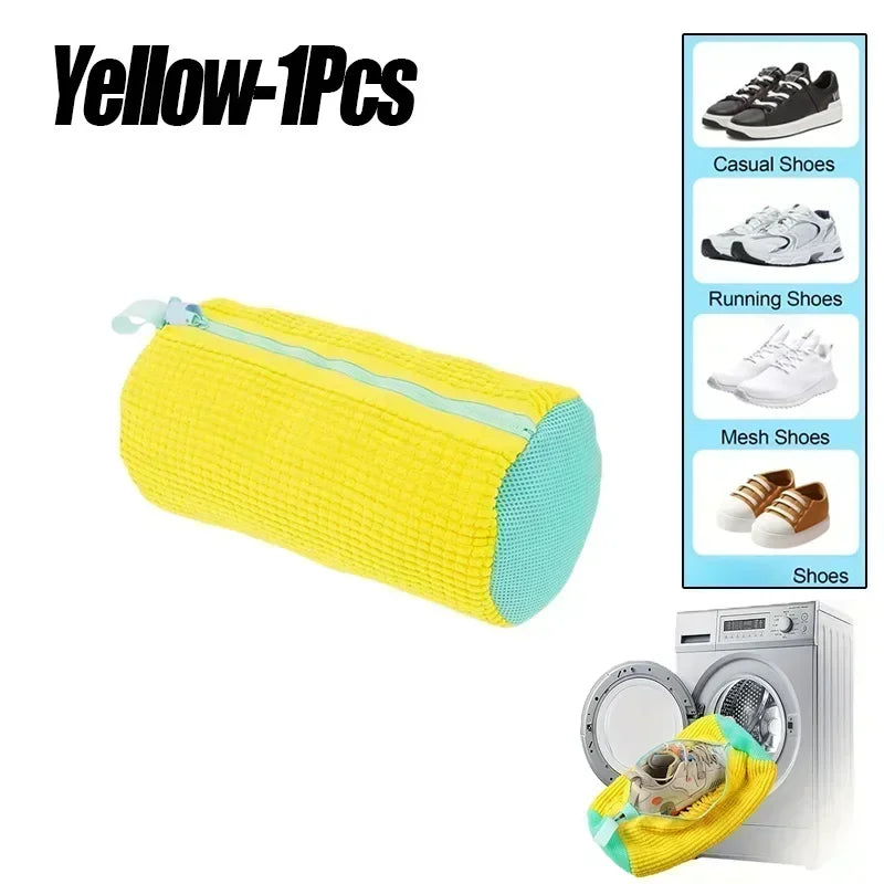 Yellow laundry bag containing one pair of casual or running shoes for machine washing