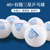 A close-up shot of multiple white Sanwei 40+ 3-star ABS table tennis balls on a blue surface.