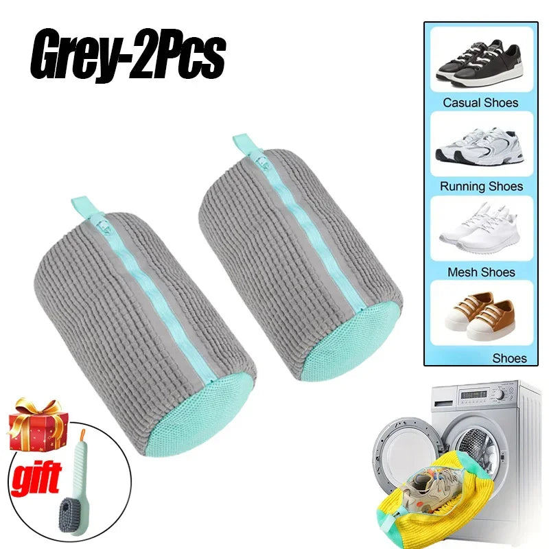 Grey 2 pieces of durable zippered laundry bags for shoe cleaning, shown next to various shoes.
