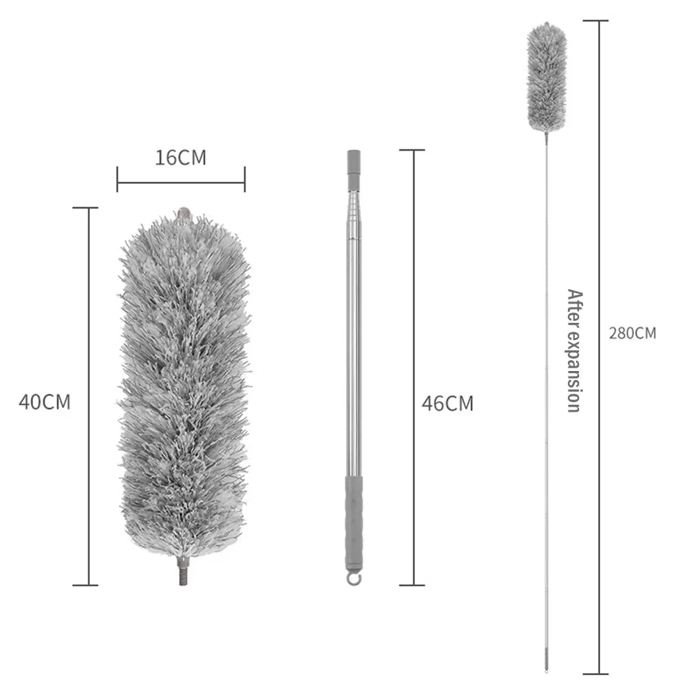 A long, extendable microfiber duster with a fluffy head shown next to its expanded length.