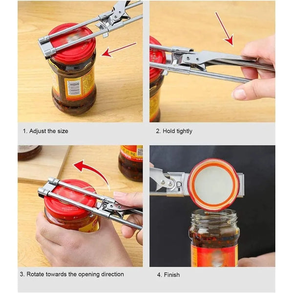 Instructions for using a stainless steel multi-function can opener set to open a jar.