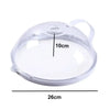 A transparent splash-proof oven cover with a handle, measuring 26cm in diameter and 10cm in depth.