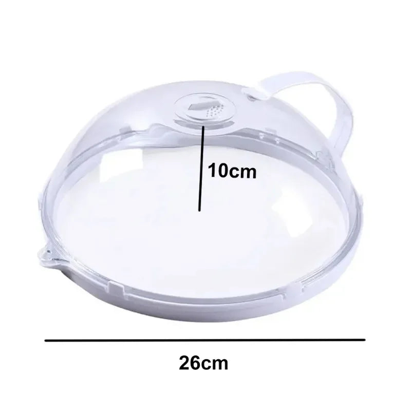 A transparent splash-proof oven cover with a handle, measuring 26cm in diameter and 10cm in depth.