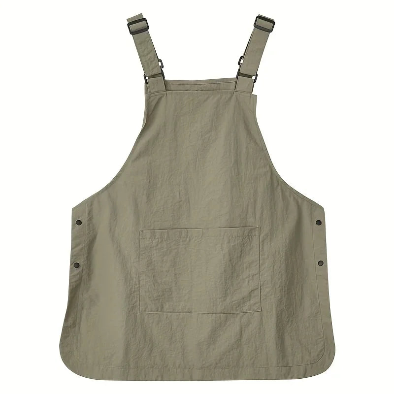 A beige waterproof outdoor work apron with straps and a patch pocket.
