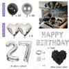Bulk set of silver and black balloons including round balloons, heart balloons, and number balloons for parties