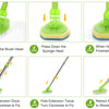 Instructions for assembling and using a telescopic triangle cleaning brush set, showing removal, pressing down, and extension