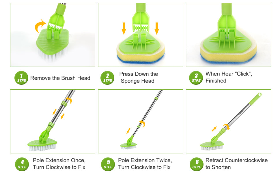 Instructions for assembling and using a telescopic triangle cleaning brush set, showing removal, pressing down, and extension