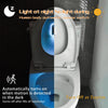 A white toilet with a blue light feature, demonstrating an automatic sensor switch for light at night.